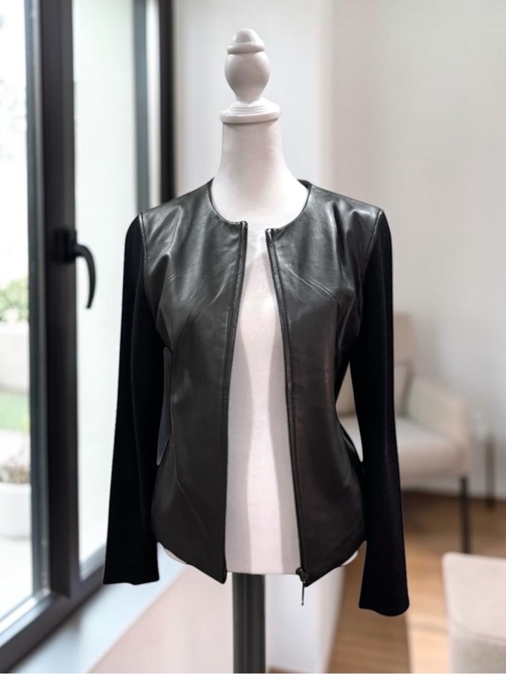 Vintage Jaclyn Smith Leather Ribbed Knit Mixed Media Zip Jacket Size M Black Y2K